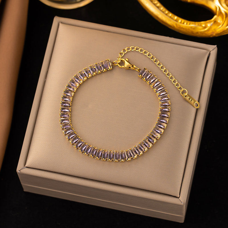Wholesale Square Zircon Stainless Steel Single Row Tennis Gold Plated Bracelet